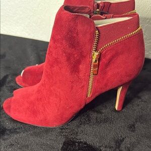Marc Fisher Red Suede Heeled Boots with Ankle Strap